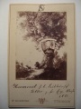 Kabinettfoto mit Collage von J. W. Hornung: Baum, Wappen, Wahlspruch, Schläger, Zirkel und Widmung, 1881
